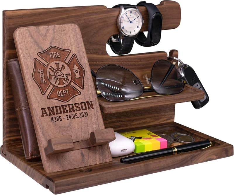 Firefighter Anniversary Gift: Personalized Wood Phone Docking Station