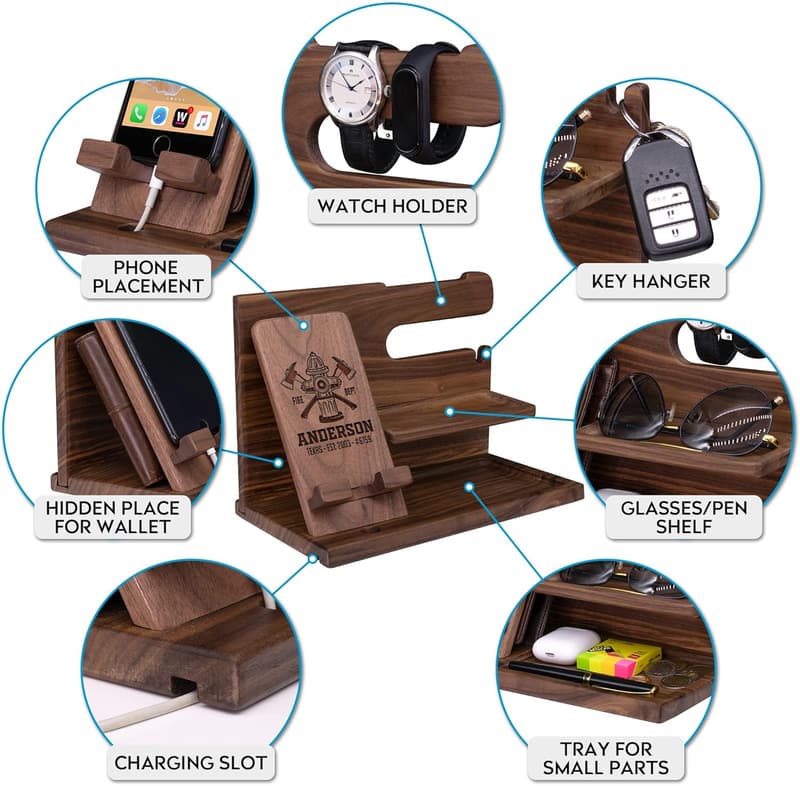 Firefighter Anniversary Gift: Personalized Wood Phone Docking Station
