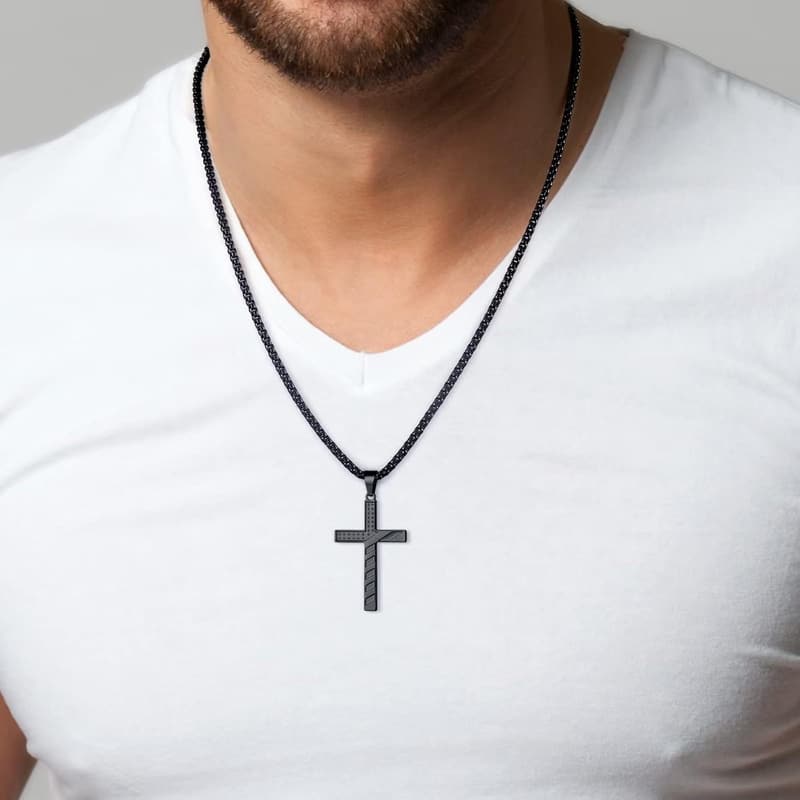 Silver/Black Cross Necklace for Men - Father's Day Gift for Brother