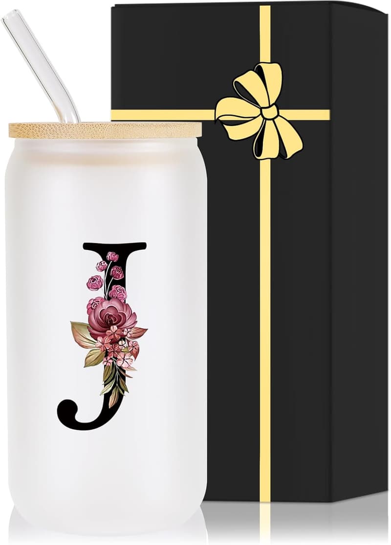 Personalized Monogrammed Glass Cup with Lid and Straw for Her