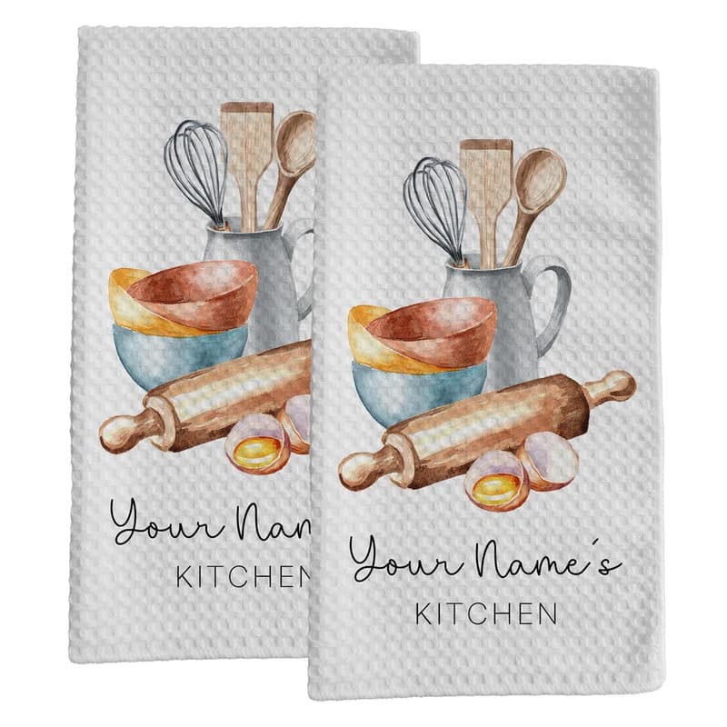 Personalized Watercolor Utensil Kitchen Towels Gift Set