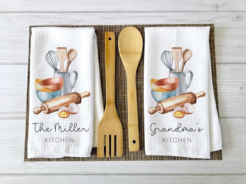 Personalized Watercolor Utensil Kitchen Towels Gift Set
