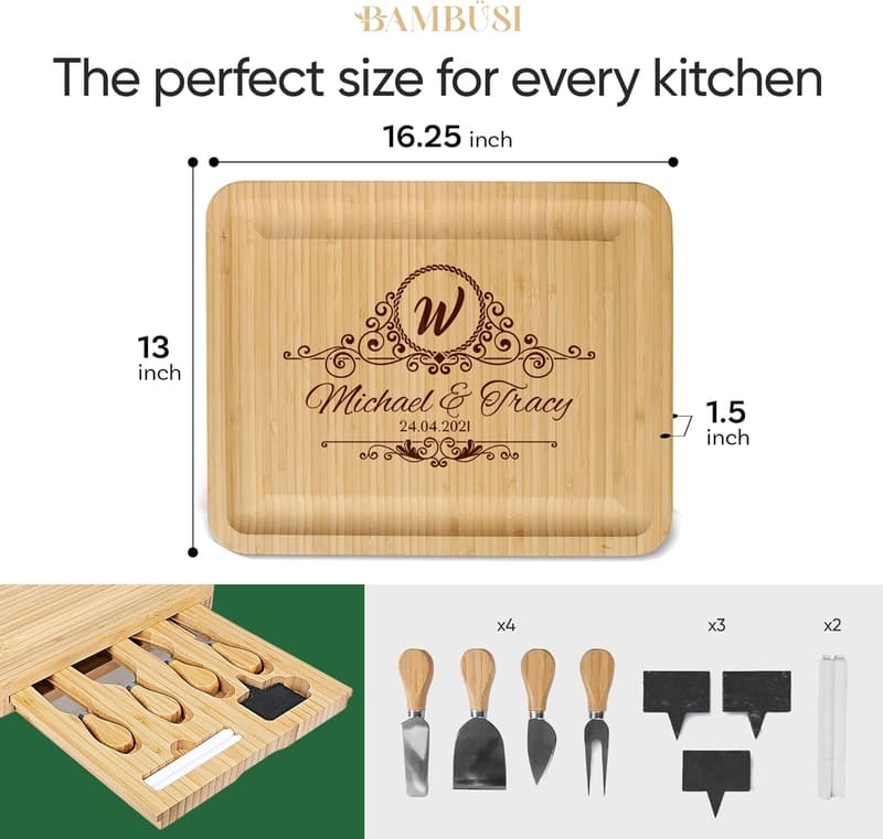 Personalized Bamboo Charcuterie Board Gift Set for Weddings