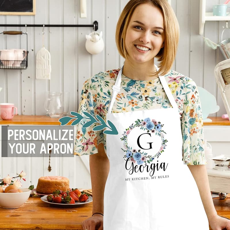 Personalized Floral Apron with Name for Women - Custom Cooking Gift