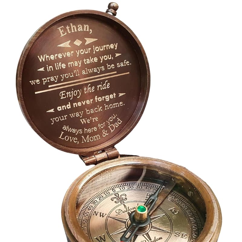 Personalized Brass Compass with Engravable Leather Pouch for Graduation