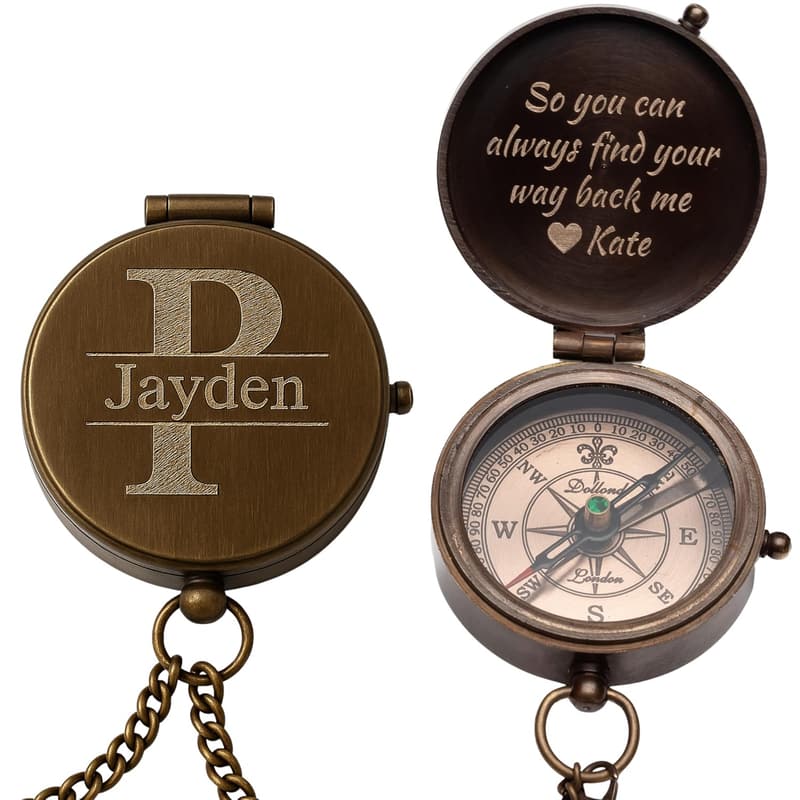 Personalized Brass Compass with Engravable Leather Pouch for Graduation