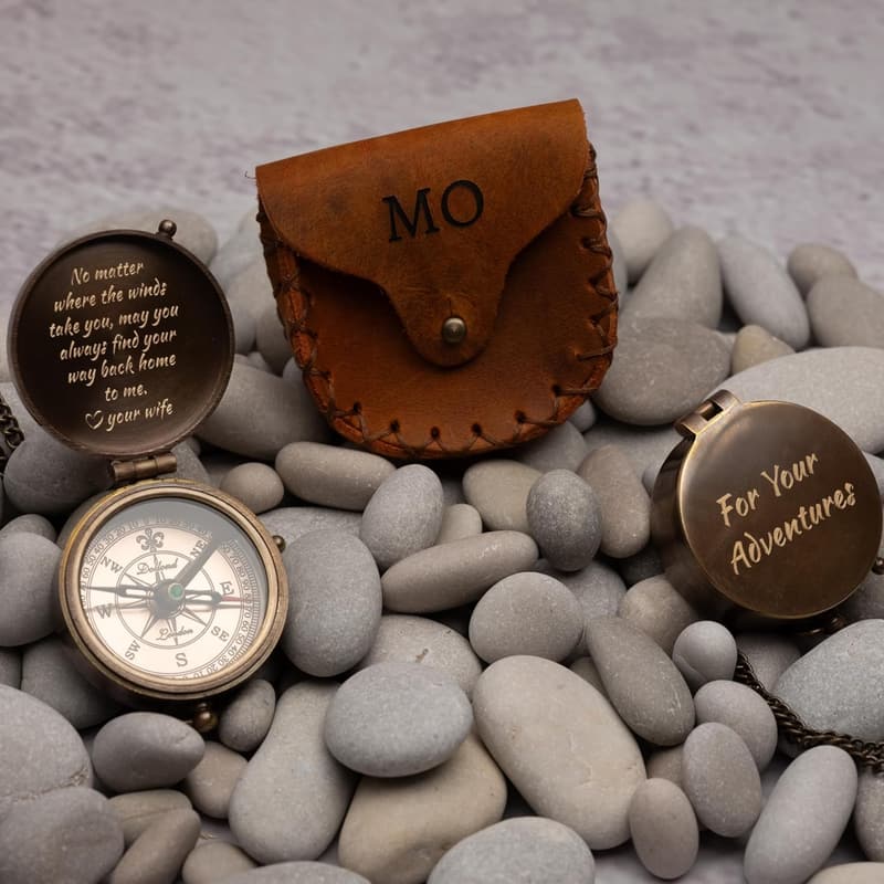 Personalized Brass Compass with Engravable Leather Pouch for Graduation