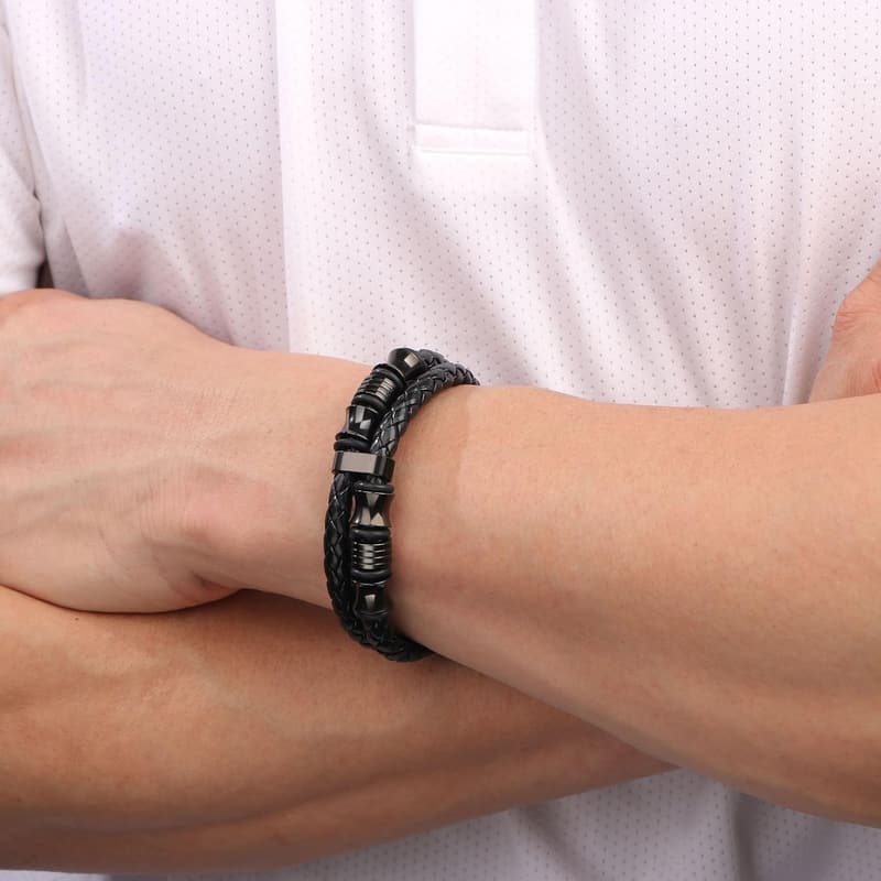Men's Double-Row Braided Leather Bracelet - Birthday & Anniversary Gift