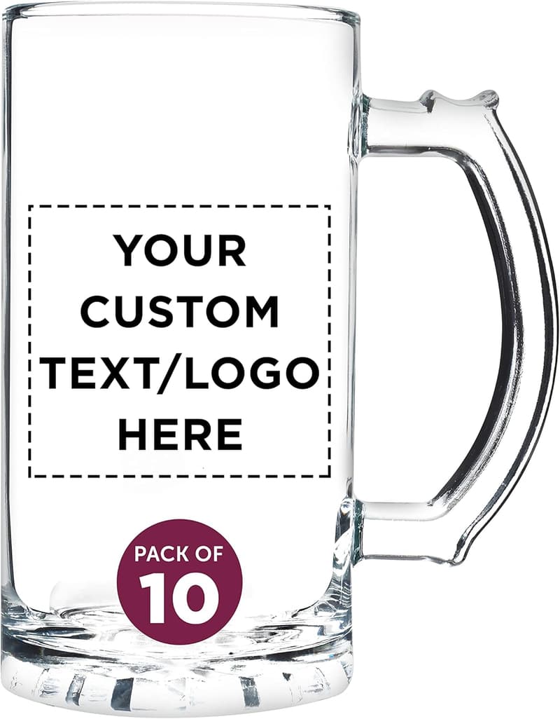 Personalized 16 oz. Glass Beer Mugs Set of 10 for Weddings