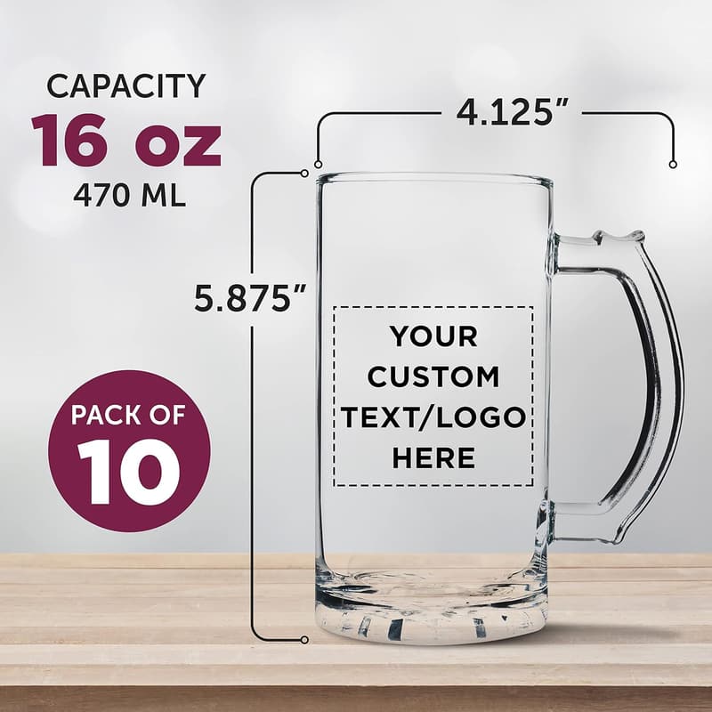Personalized 16 oz. Glass Beer Mugs Set of 10 for Weddings