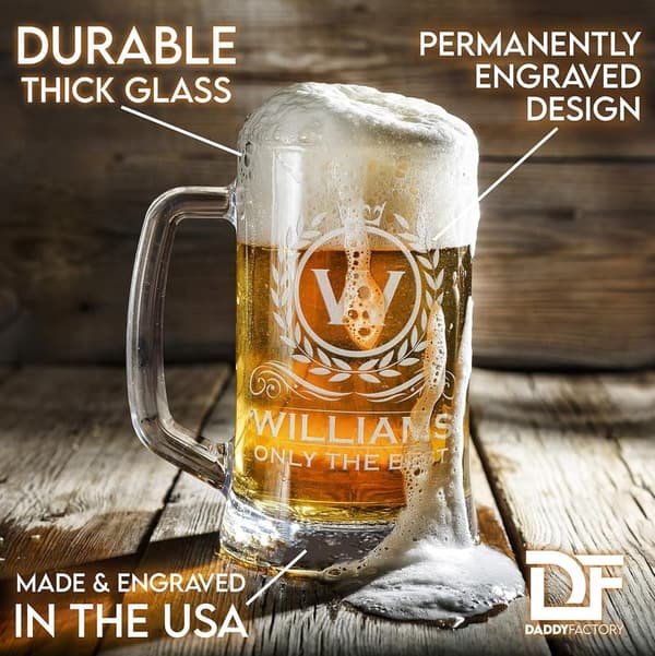 Engraved Monogram Beer Mug - 16 oz Gift for Dad