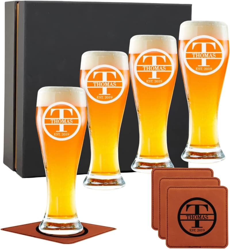 Personalized Beer Glass Set with Engraved Coasters for Men