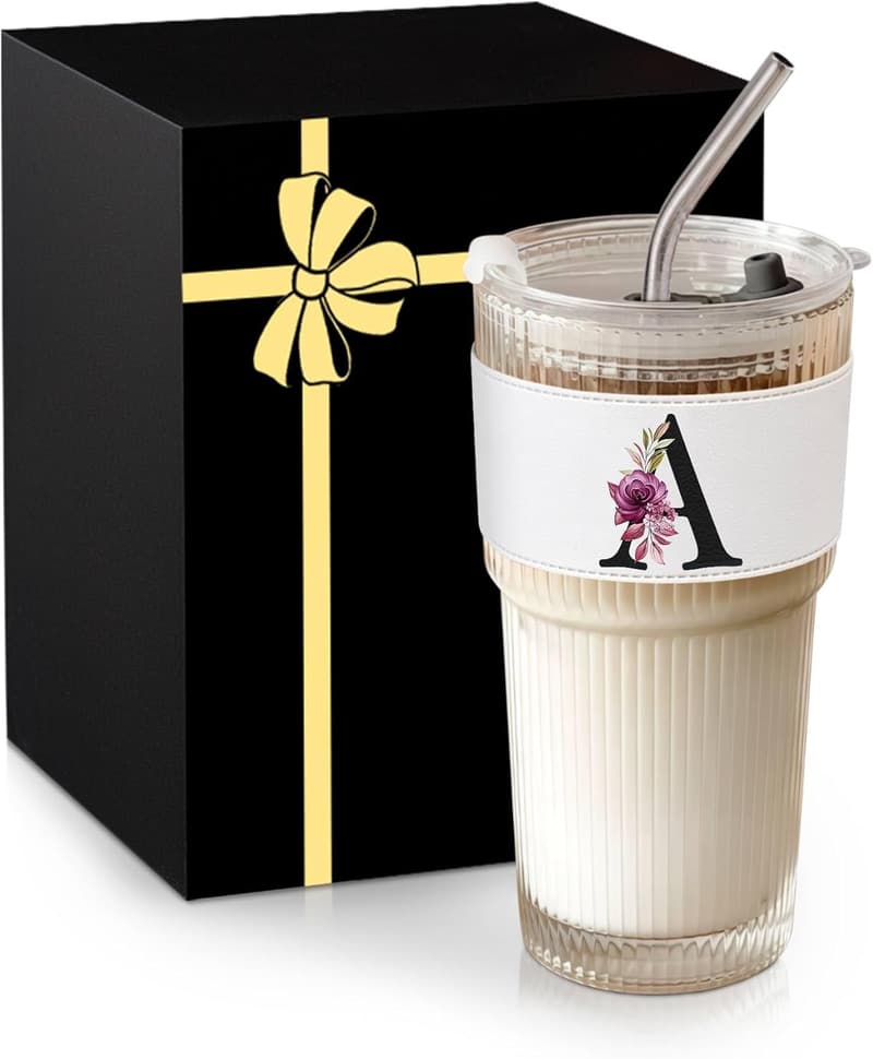 Personalized Ribbed Glass Tumbler with Lid for Women’s Birthday