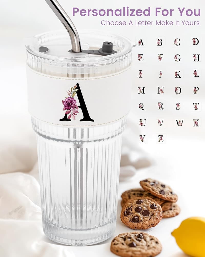 Personalized Ribbed Glass Tumbler with Lid for Women’s Birthday