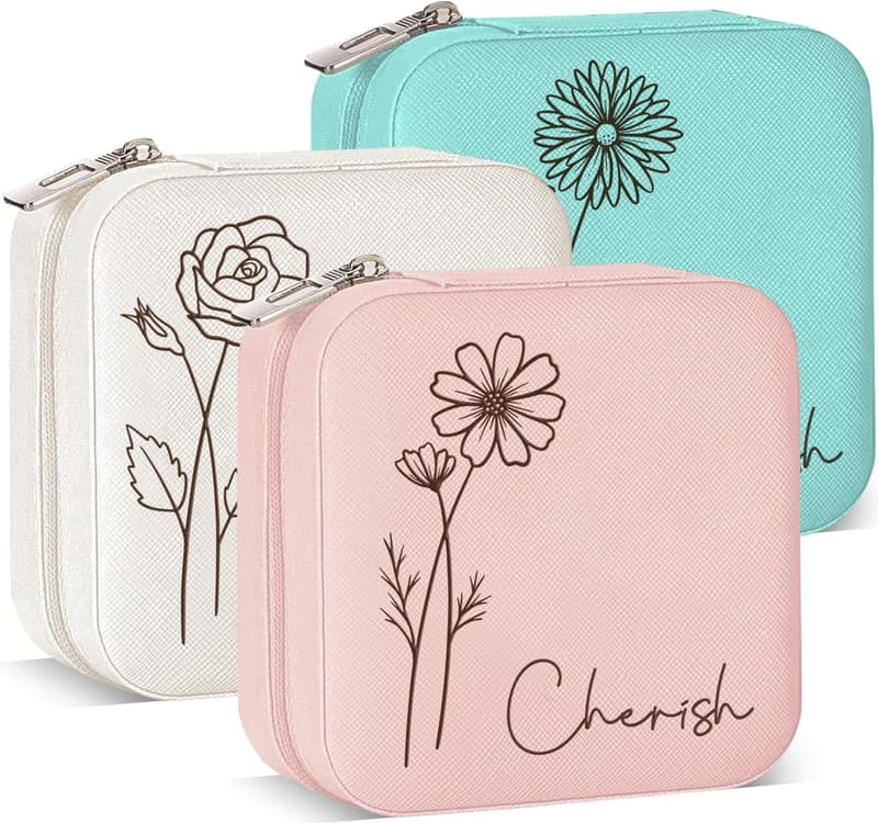 Personalized Travel Jewelry Box with Name & Birth Flower