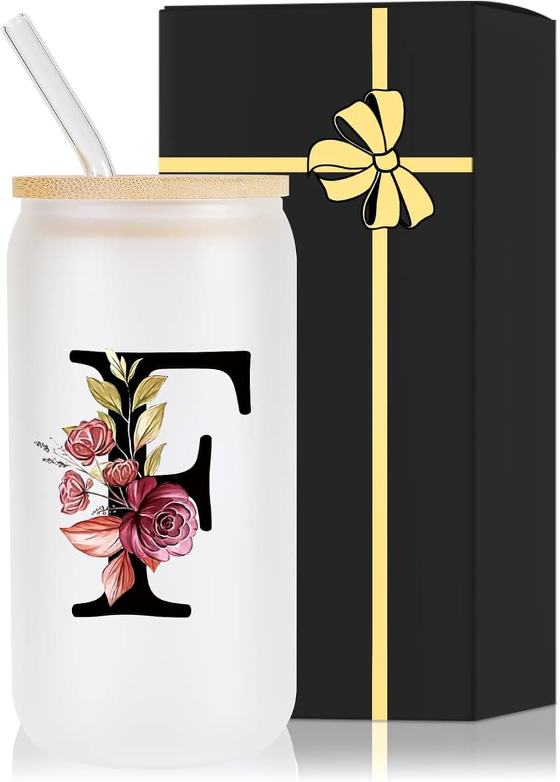Monogrammed Glass Cup with Lid and Straw for Women