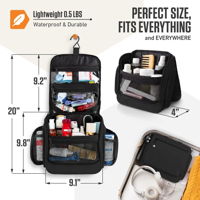 Travel Toiletry Organizer Bag for Women & Men - Black