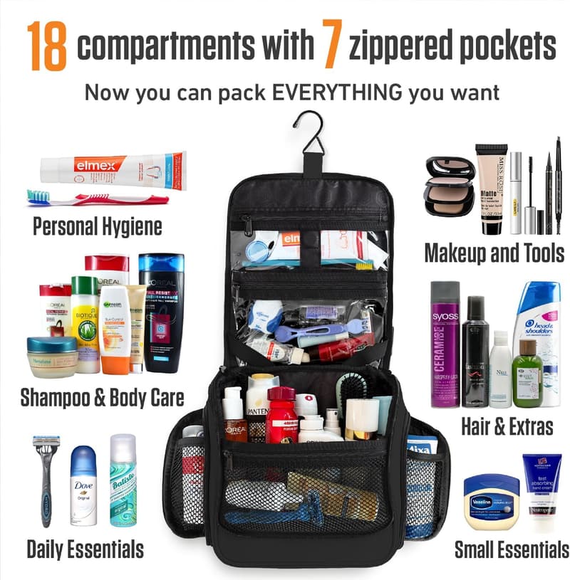 Travel Toiletry Organizer Bag for Women & Men - Black