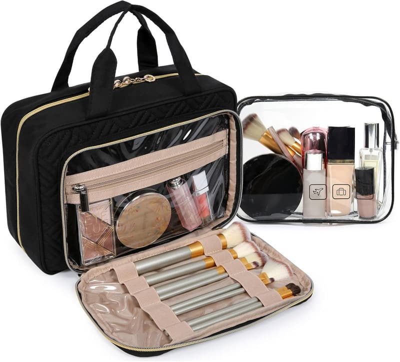 Travel Makeup Organizer with TSA-Approved Transparent Bag - Black