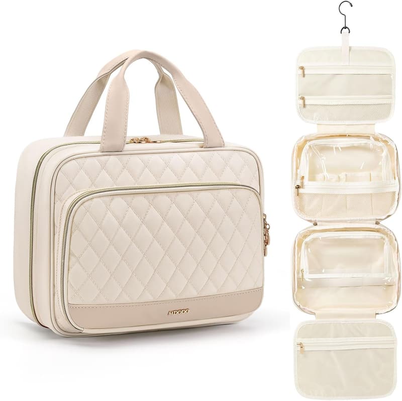 Beige Hanging Toiletry Bag for Women - Travel Makeup Organizer