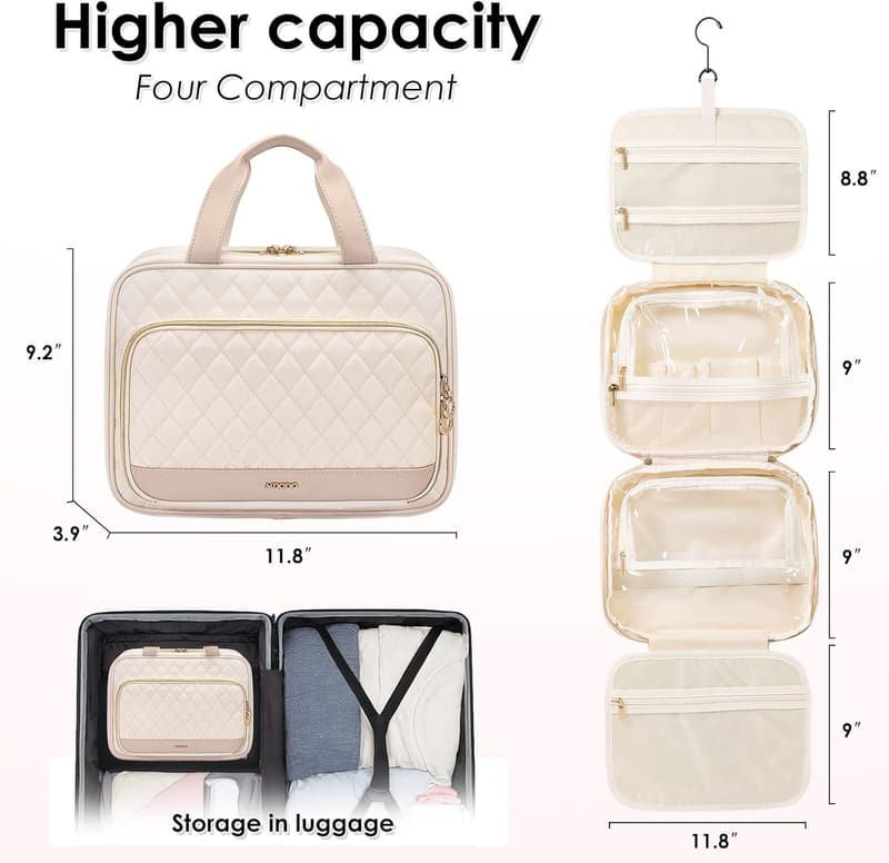 Beige Hanging Toiletry Bag for Women - Travel Makeup Organizer