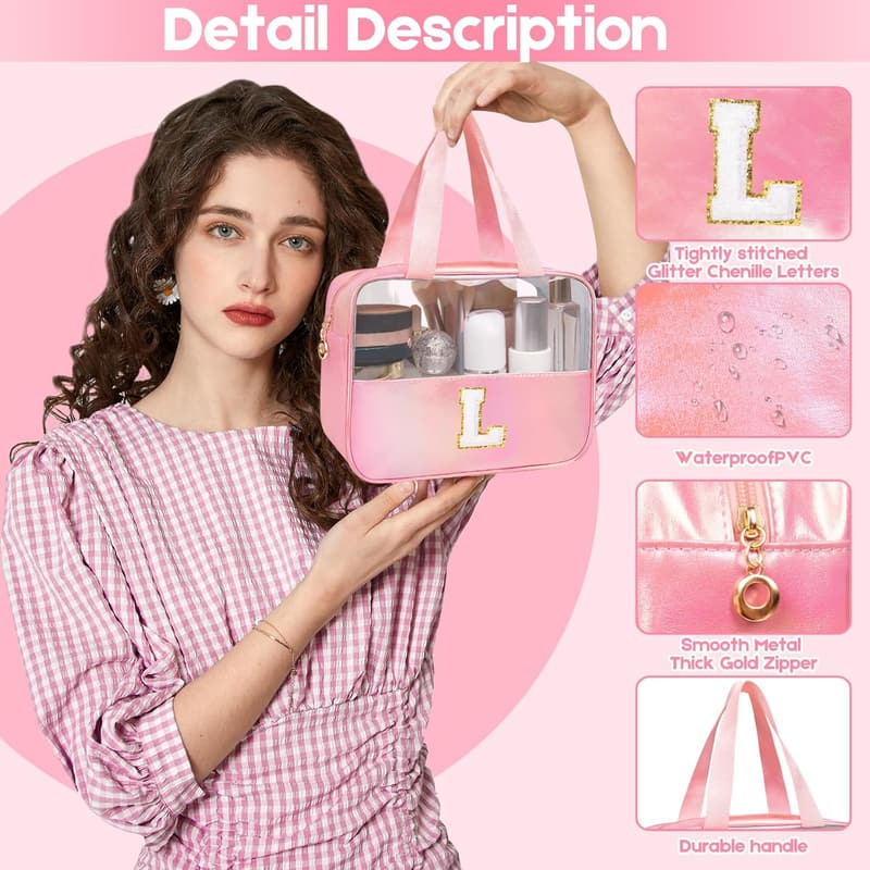 Personalized Pink Clear Makeup Bag Organizer for Women