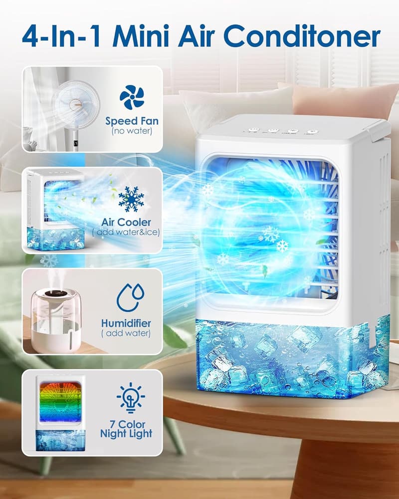 Portable Mini Air Conditioner with LED Night Light, 3 Speeds