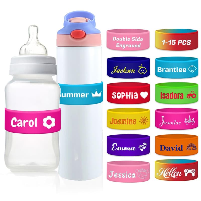 Custom Engraved Silicone Bottle Labels for Kids - 1-15 PCS