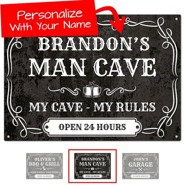 Custom Man Cave Sign, Black Aluminum - Father's Day Gift