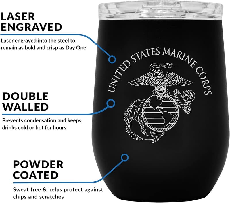 USMC Steel Stemless Wine Tumbler – 12 oz Vacuum Insulated