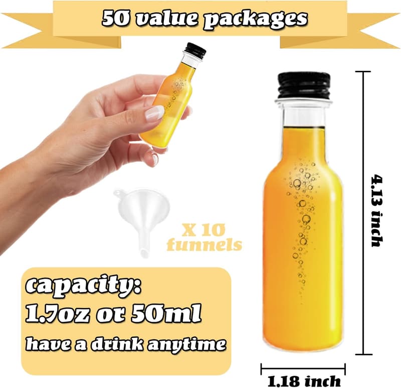 Party Mini Liquor Bottles - 50 Pack, 1.7oz Reusable Plastic