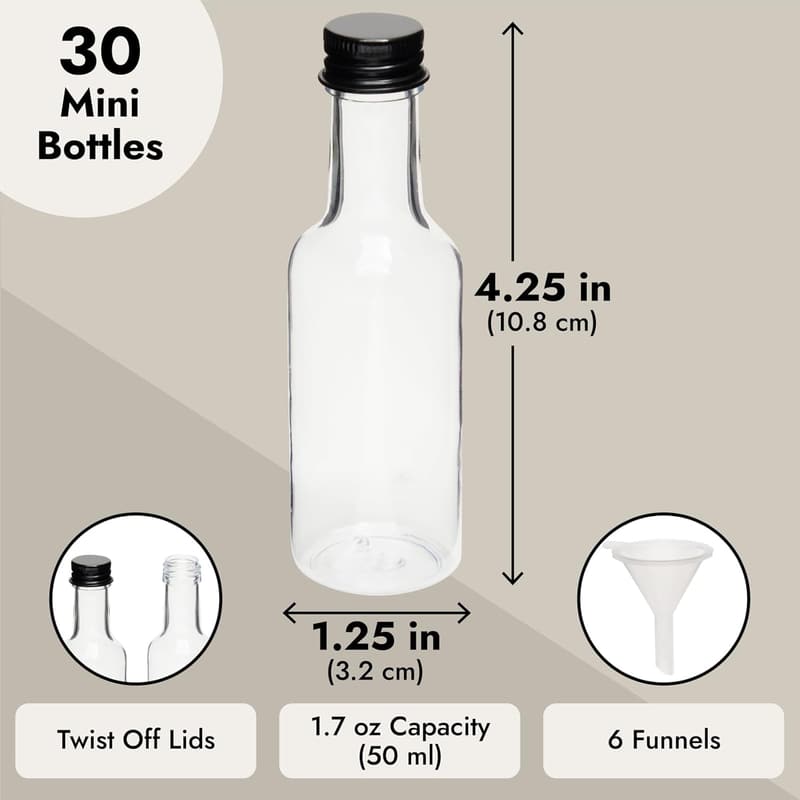 30 Pack Mini 50ml Liquor Bottles with Caps for Parties