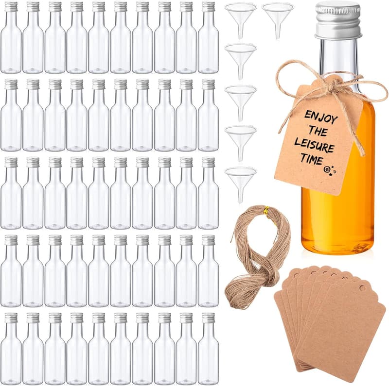 Party Mini Liquor Bottles Set with Caps, Funnels & Tags