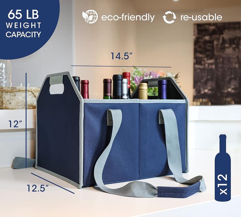 Collapsible 12-Bottle Wine Carrier Bag with Strap - Navy Blue