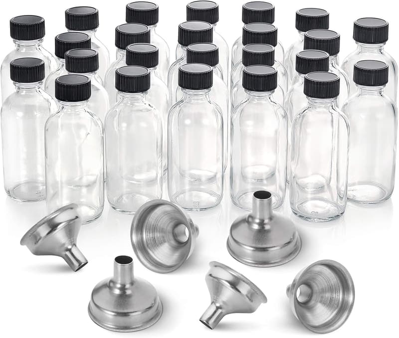 24 Pack 2 oz Clear Glass Bottles with Lids & Funnels for Travel