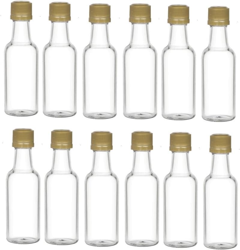 12 pcs Clear Plastic Liquor Bottles with Gold Caps - USA