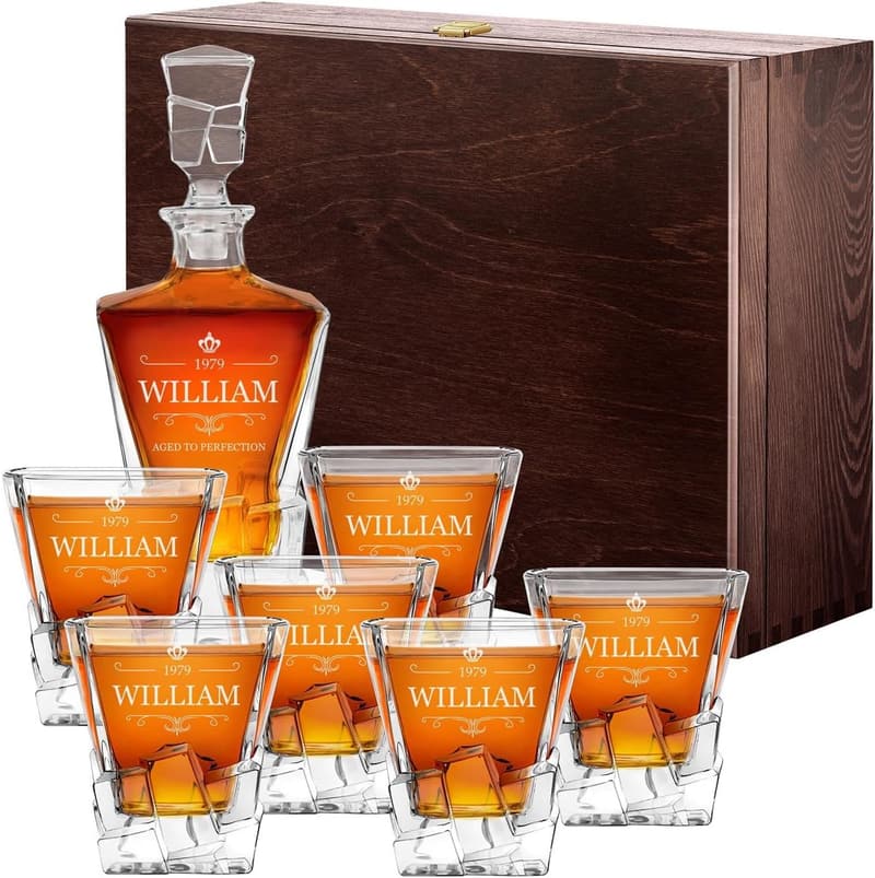 Vintage Personalized Whiskey Decanter Set with 6 Glasses for Him