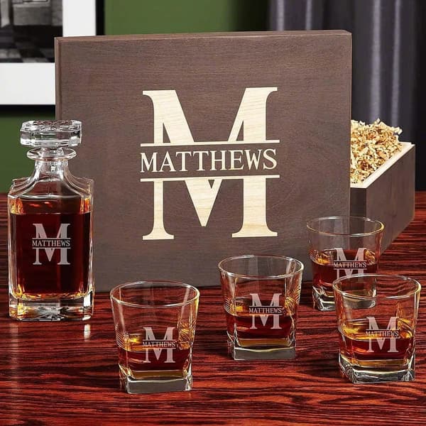 Custom Whiskey Decanter Set with 4 Glasses and Wood Box