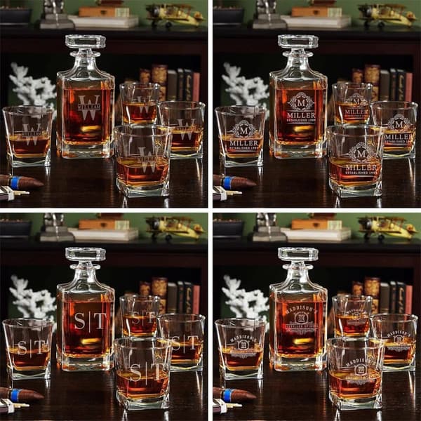 Custom Whiskey Decanter Set with 4 Glasses and Wood Box