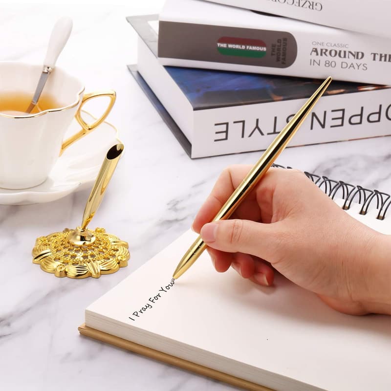 Gold Hollow Round Pen Holder Set for Wedding Guests