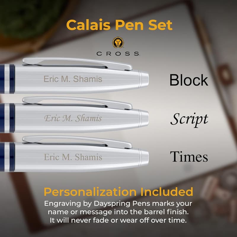 Personalized Dayspring Calais Ballpoint Pen Set - Chrome & Blue