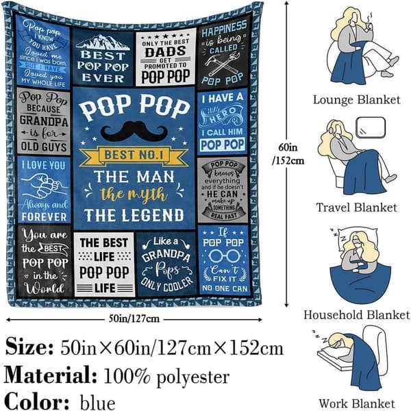 Pop Pop Blanket Gift for Father's Day - 60x50in Grandpa Throw
