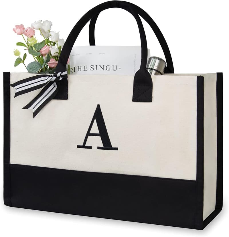 Personalized Initial Canvas Tote Bag for Women & Moms