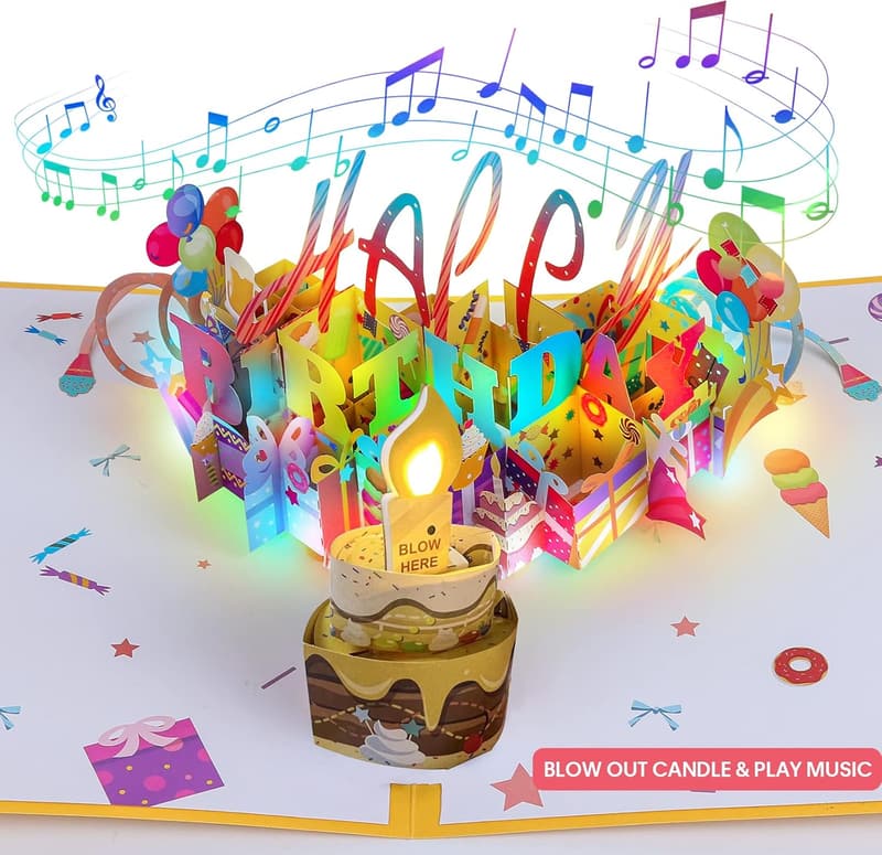 Birthday Popup Card with Blowable LED Candle and Music