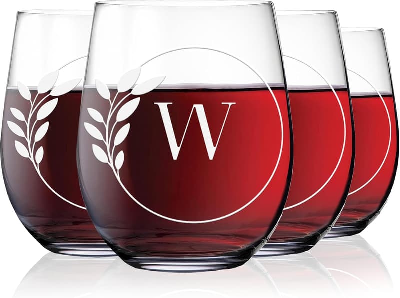 Personalized W Monogram Stemless Wine Glass - Crystal Etched
