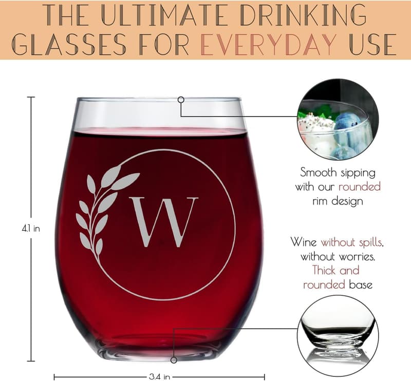 Personalized W Monogram Stemless Wine Glass - Crystal Etched