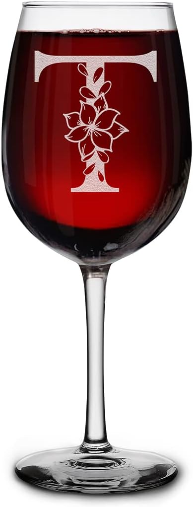 Engraved Floral Monogram Wine Glass - Custom 16 oz Gift for Her