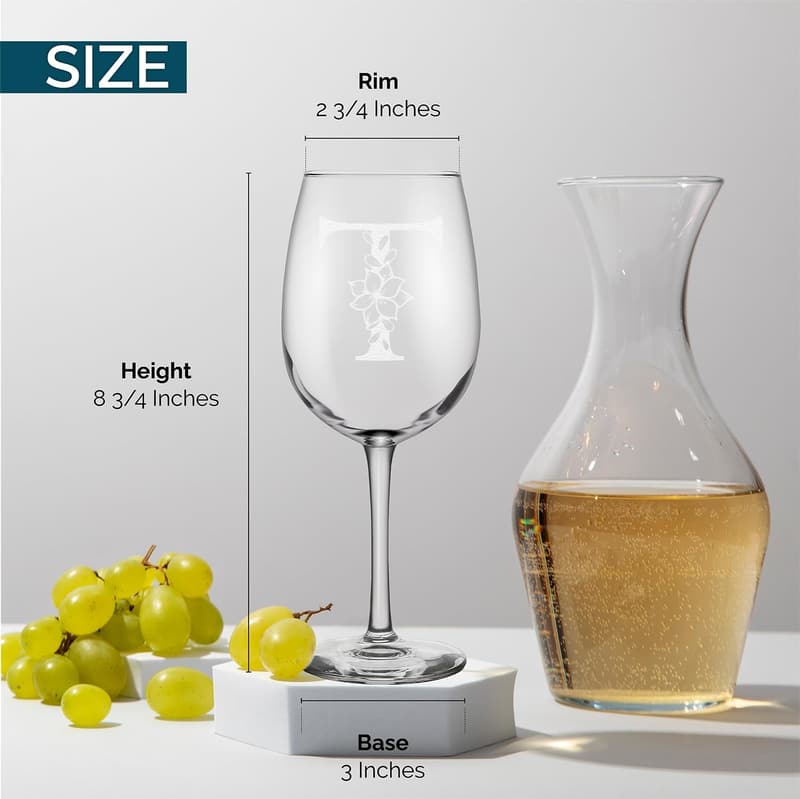 Engraved Floral Monogram Wine Glass - Custom 16 oz Gift for Her