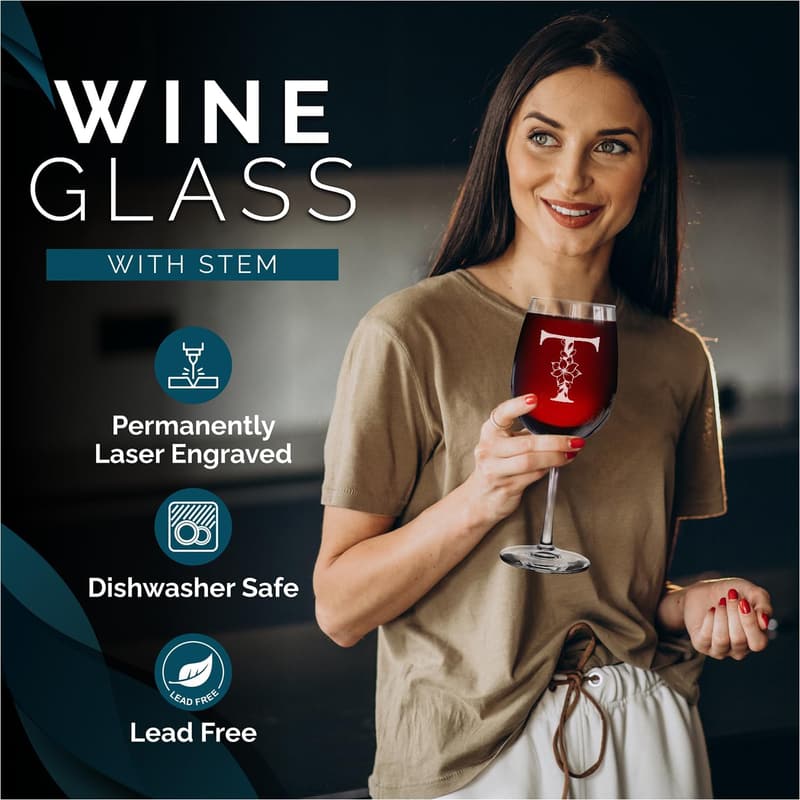 Engraved Floral Monogram Wine Glass - Custom 16 oz Gift for Her