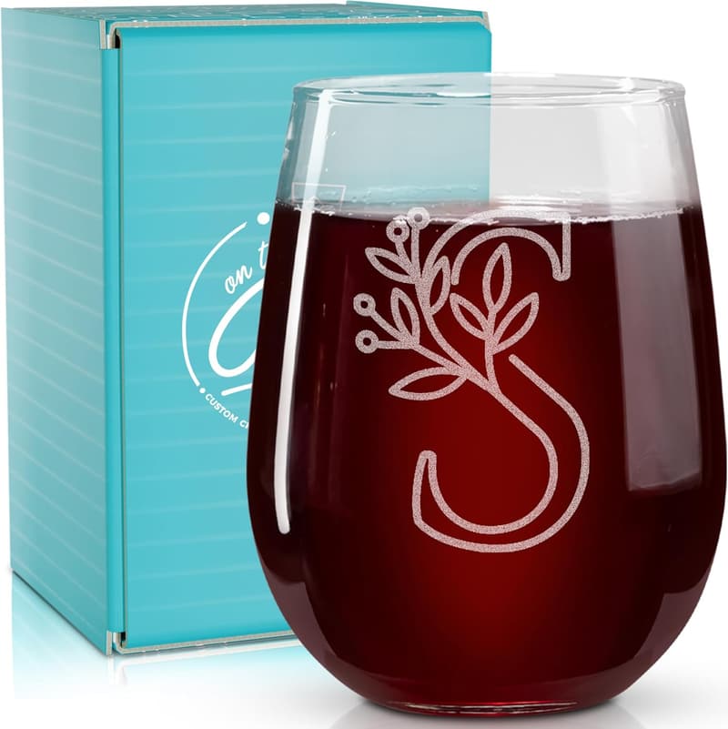 Monogrammed Stemless Wine Glass - Letter A-Z - 17 oz
